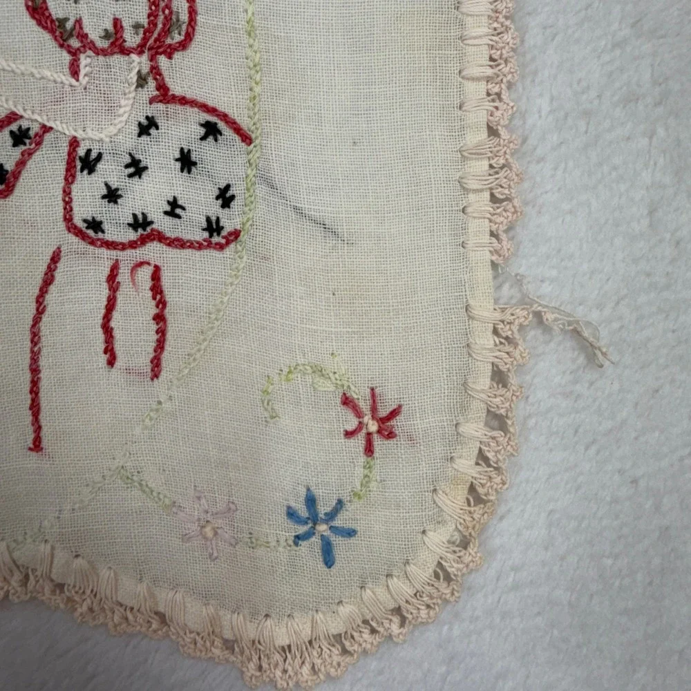 Vintage 35x10 Dresser Runner Hand Embroidered Floral Figures Cream Crochet Trim